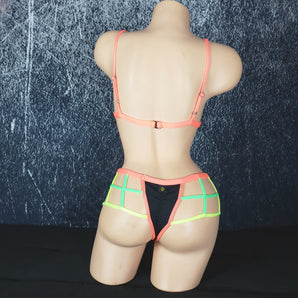 Brazilian Cage Thong and Adjustable Bralette Set. Matching top and bottom with Multi-Colored Strappy Cage Details.