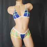 Brazilian Cage Thong and Adjustable Bralette Set. Matching top and bottom with Multi-Colored Strappy Cage Details.