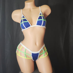 Brazilian Cage Thong and Adjustable Bralette Set. Matching top and bottom with Multi-Colored Strappy Cage Details.