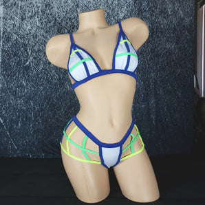 Brazilian Cage Thong and Adjustable Bralette Set. Matching top and bottom with Multi-Colored Strappy Cage Details.