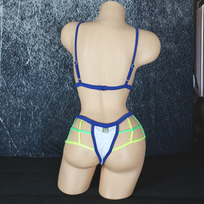 Brazilian Cage Thong and Adjustable Bralette Set. Matching top and bottom with Multi-Colored Strappy Cage Details.