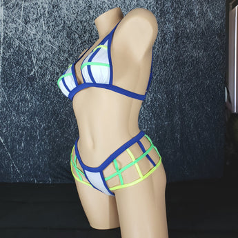 Brazilian Cage Thong and Adjustable Bralette Set. Matching top and bottom with Multi-Colored Strappy Cage Details.