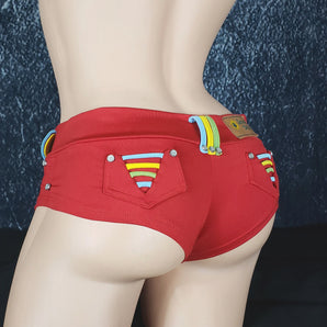 Brazilian Cheek Shorts. Multi-Colored Belt Loops and Strappy Faux Back Pockets with Studding and Button Studs on Front Waist Band.