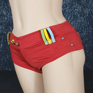 Brazilian Cheek Shorts. Multi-Colored Belt Loops and Strappy Faux Back Pockets with Studding and Button Studs on Front Waist Band.