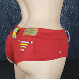 Brazilian Cheek Shorts. Multi-Colored Belt Loops and Strappy Faux Back Pockets with Studding and Button Studs on Front Waist Band.