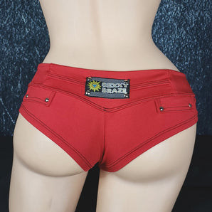 Brazilian Cheek Shorts. Super, Super Short. Faux Waistband Closure with Metal Button Studs, and Four Studded Faux Pocket Plackets.