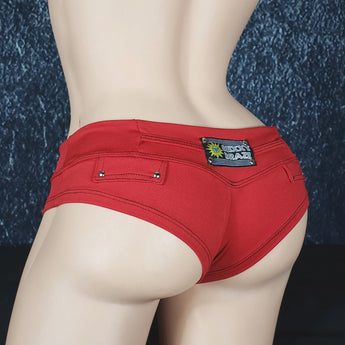 Brazilian Cheek Shorts. Super, Super Short. Faux Waistband Closure with Metal Button Studs, and Four Studded Faux Pocket Plackets.