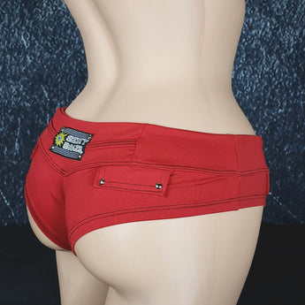 Brazilian Cheek Shorts. Super, Super Short. Faux Waistband Closure with Metal Button Studs, and Four Studded Faux Pocket Plackets.