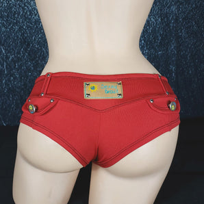 Brazilian Cheek Shorts. Super Short Shorts with Front Lace-Up Feature, Studded Belt Loops, and Faux Pocket Plackets Decorated with Button Studs