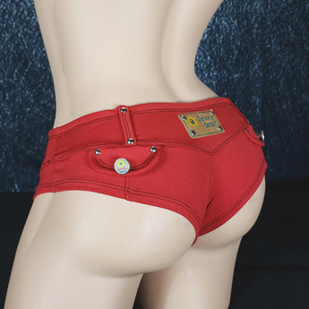 Brazilian Cheek Shorts. Super Short Shorts with Front Lace-Up Feature, Studded Belt Loops, and Faux Pocket Plackets Decorated with Button Studs