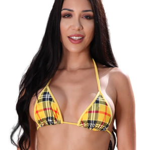 Regular Triangle Bikini Top.  In Stretch Yellow Plaid Nylon Lycra Fabric. Triangle panels slide and ties at Neck and Back for a Perfect Fit.